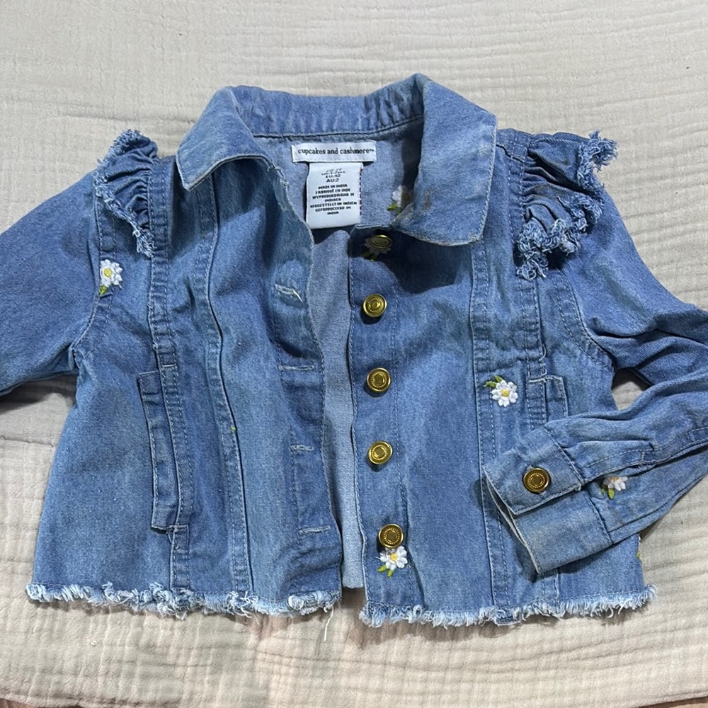 Cupcakes & Cashmere Blue and Gold Jean Jacket Cropped Distressed